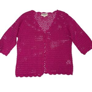 Norm Thompson vintage Magenta Crochet Women's Sweater cardigan pink sz Medium